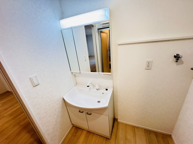 柏市布施新町４丁目新築戸建（布施新町第３）の独立洗面台|シャワーヘッド付き三面鏡洗面化粧台