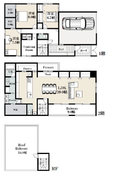 2/5　価格変更の参考プラン|LDK39帖以上の3LDK　延床面積；192.93㎡　建物参考価格；4900万円