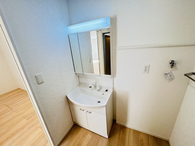 柏市布施新町４丁目新築戸建（布施新町第３）の独立洗面台|シャワーヘッド付き三面鏡洗面化粧台