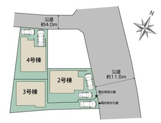 【区画図】 | 中央区田名 4号棟 | ４号棟　北側4m道路　カースペース２台（車種による）