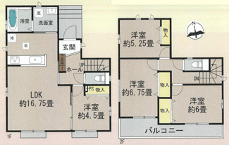 【間取り】 | 綾瀬市小園  1号棟 | 都市ガス　掃き出し窓シャッター付　二部屋から行き来できる南向きバルコニー　全居室収納　LDK16.7帖+洋室4.5帖