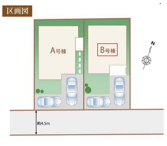 東村山市富士見町3丁目・全2棟　新築一戸建　B号棟の区画図|【全2棟・B号棟】
駐車2台可(車種制限あり)、南道路に面し日当たり良好です。