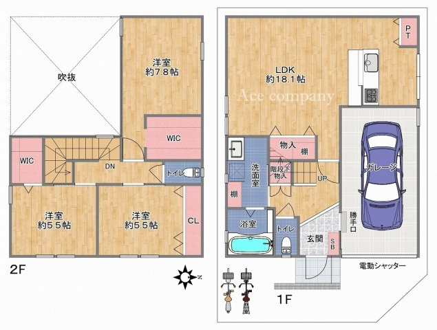 【間取り】 | 東大阪市御厨南2丁目 | 2階建て♪【3LDK＋ガレージ】室内リフォーム済み☆LDK約18帖、上部吹き抜け仕様☆WIC2ヶ所、浴室乾燥機完備です☆