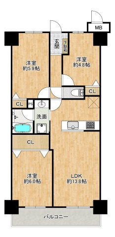 ユニハイム十三野中の間取り|◆専有面積：64.96㎡、3LDK、LDKは約13.8帖、全居室にクローゼット完備！