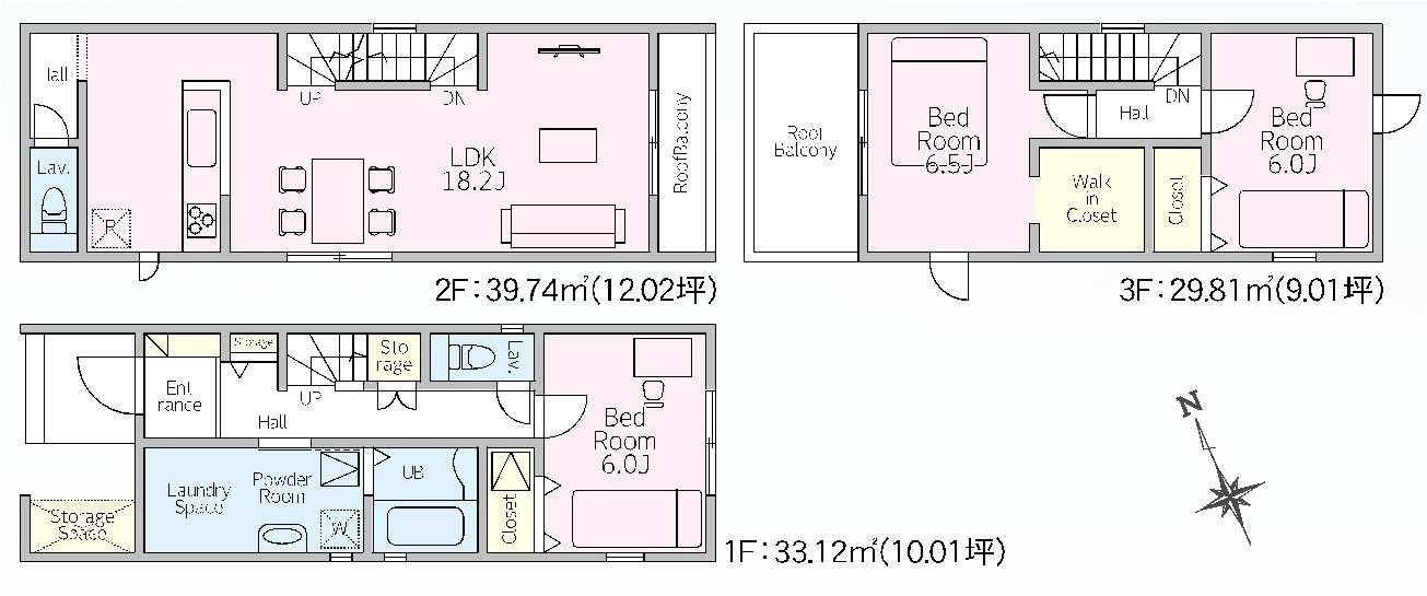 新築　高崎市上和田町1期　LIGNAGE　1号棟　の間取り|建物面積102.67㎡　広々18.2帖のLDK・全居室南向き・6帖以上♪ウォークインクローゼット・各部屋収納付きで便利です！日当たりの良いバルコニーはお洗濯物もよく乾きそうです◎
						
