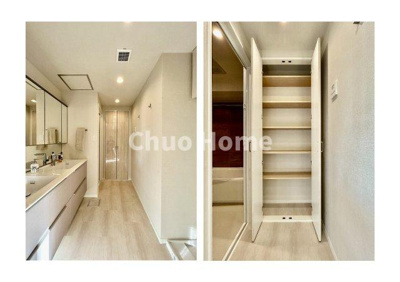 【脱衣所】 | Wコンフォートタワーズイースト | 【洗面所】明るい洗面所は朝をすっきりさせてくれる空間です。バタバタしている忙しい朝でも収納が多い洗面台では短い時間で効率良く支度ができます。