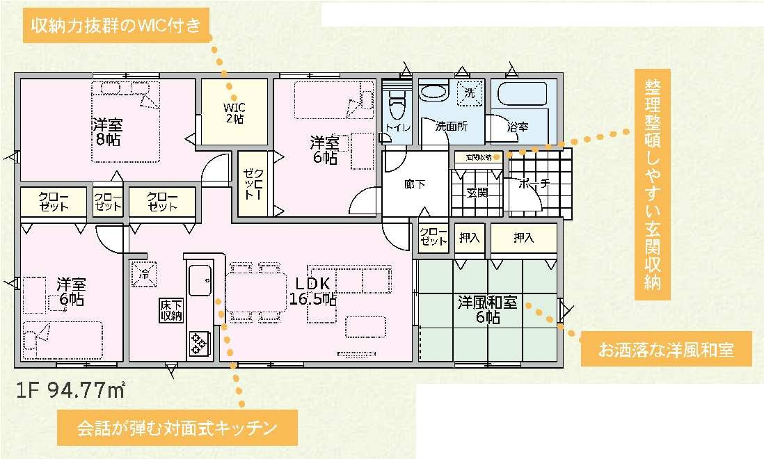 新築　前橋市粕川町新屋第1　クレイドルガーデン　2号棟の間取り|建物面積94.77㎡　全居室6帖以上の4LDKの平屋のお家♪2帖のウォークインクローゼット・各部屋収納付きで便利です！