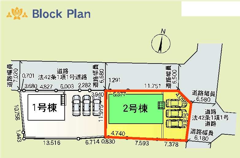 新築　前橋市粕川町新屋第1　クレイドルガーデン　2号棟の区画図|1号棟　区画図　北側接道幅員約6.5ｍ　東側接道幅員約6.1ｍ
