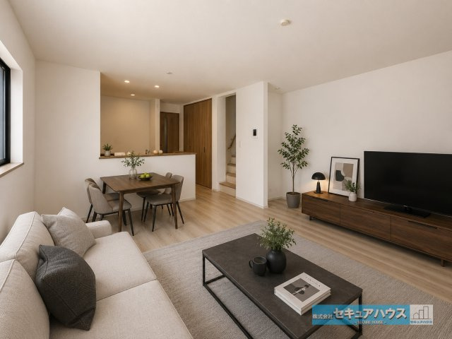 【本日ご案内可能】豊明市新田町門先　全2棟の居間・リビング|【リビングに家具を配置したイメージ写真】
◆シンプルなデザインのリビングのため、家具のレイアウトがしやすく好きなテイストの空間をつくりやすいのが魅力です。　　　　　　　　　　　　　　　　　　　　　　　
