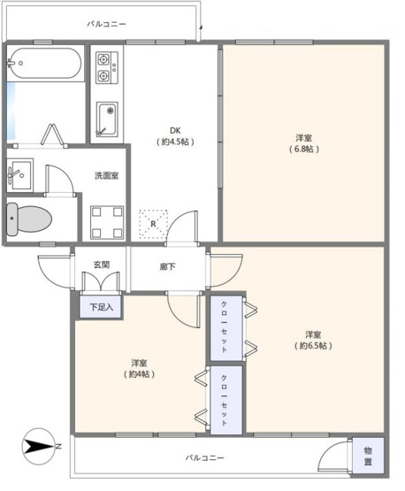 【間取り】 | 若木住宅３号棟 | 東・西向きの両面バルコニー、陽当たり・通風良好です！収納も豊富な物件です。