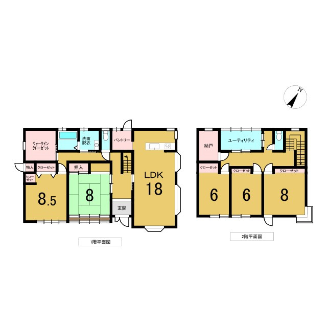 正法寺　リフォーム住宅　5SSLDKの間取り|【リフォーム中】リビング約18帖の5SSLDKの間取りです。１階、2階ともに収納スペースがございます。リビングはパントリー付きです。