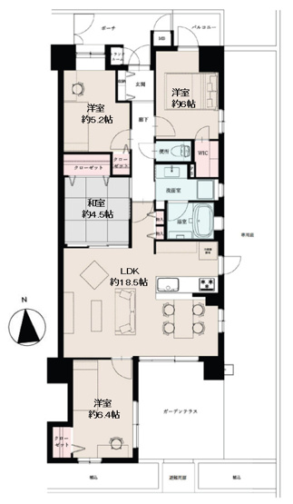 【間取り】 | コスモ東大阪ステーションアベニュー | 南東角住戸☆4LDK！広々専用庭＋ガーデンテラス・玄関ポーチ付き☆室内水廻り設備一新！全面リフォーム済み☆アフターサービス保証付き☆リビングにエアコン1台付き☆食洗機・バス追炊機能・浴室乾燥機完備☆