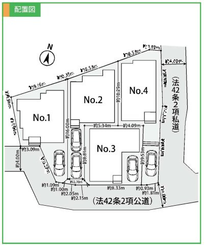 窓を開けると、川の音。｜保土ヶ谷区法泉3丁目｜南道路×陽だまりのLDK17帖超｜穏やかな時間が流れる住まいの区画図|全4棟の分譲地はゆとりある配置でプライバシー性も良好。南東側が開けた区画設計で、採光・通風に優れた住環境。駐車スペースもしっかり確保されています。