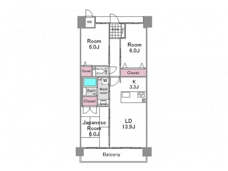 アルファライフ道後の間取り|3LDKの使いやすい間取りで和室と洋室の両方があるため、生活シーンに合わせて柔軟にお部屋を使えます。家族の気配を感じつつも個人の時間も尊重できる設計で、みんなが笑顔で過ごせる理想の配置になっています。