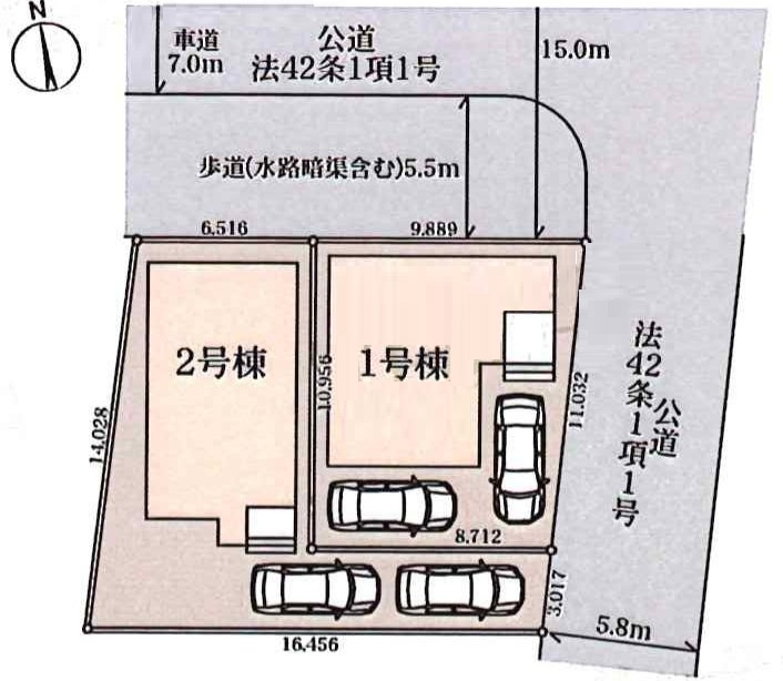三郷市早稲田5丁目　新築戸建　全2棟　2号棟の区画図|カースペース2台分確保