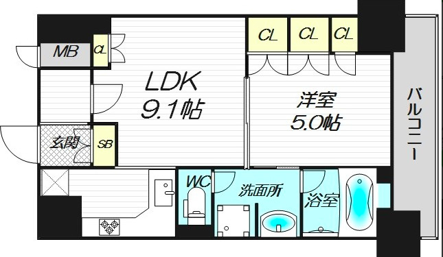 リーガル南久宝寺　９０２の間取り