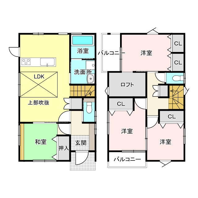 明和2丁目　Spacio　B棟の間取り|吹抜けやロフトのある4LDKです。光や風をたっぷり採り込める間取りとなっています。