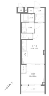 【間取り】 | ウィスタリア元麻布 | 約8.2帖のLDKと、クローゼット完備の洋室を配した機能的な間取り。玄関のSICや独立した洗面室など、32㎡超の空間に快適な暮らしを支える工夫が凝縮された、無駄のない設計です。