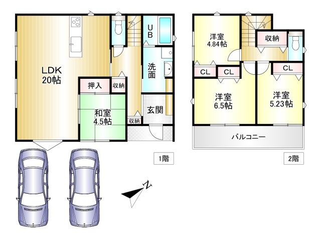 香芝市第1　真美ヶ丘　の間取り|4LDK　土地面積：220.28ｍ2　建物面積：102.68ｍ2　駐車２台可