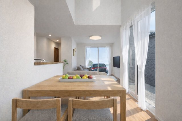 山田出口町の完成予想図|【リビングイメージパース】
リビング側とキッチン側の双方からお互いの姿が見える配置の為、ご家族とのコミュニケーションがとりやすい！