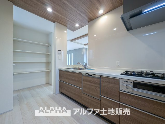 ~日野栄町　6区画１号棟~Residential Subdivisionのキッチン|【Food pantry】
◆フードパントリー◆食品ストックやビン・缶・ペットボトルなどの収納をするのに使い勝手の良い収納庫。情緒豊かな陰影が紡ぎ出されていて穏やかな優しさを感じる
