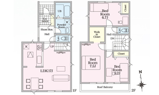 【間取り】 | 安佐南区古市4（古市橋駅まで徒歩5分）限定1棟 | 17帖リビング☆2階3室☆ファミリータイプ3LDK☆クローゼット☆ウォークインクローゼット☆南向きの間どりプラン☆南向きリビング☆南向きワイドバルコニー