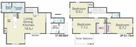 平塚市夕陽ケ丘　新築戸建　全２棟の間取り|全居室2面採光　３LDKです。