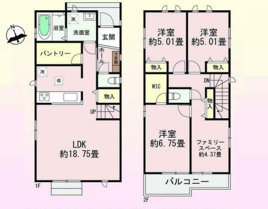 LDKは広々とした約18.7帖・WICあり　本多聞6丁目　全2棟　B号棟の間取り