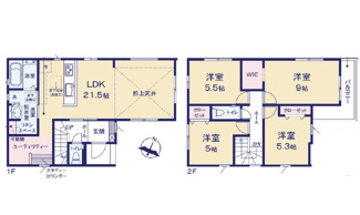 【間取り】 | 東広島市西条町下三永（東広島駅）NO3【51坪】 | ☆21.5帖リビング☆ファミリータイプ4LDK☆洋室×4☆クローゼット☆
ウォークインクローゼット☆リネンスペース☆ユーリニティ☆L字バルコニー