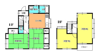 【間取り】 | 毛呂山町大谷木 中古住宅 | 使いやすい４DK　・２階洋室９帖間は広々としていて陽当たり良好です。