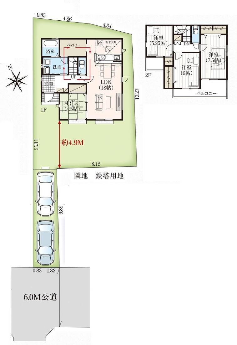 所沢市上新井2丁目・全1棟　新築一戸建　～全室南向き～の区画図|縦列駐車2台可能です。(車種制限あり)