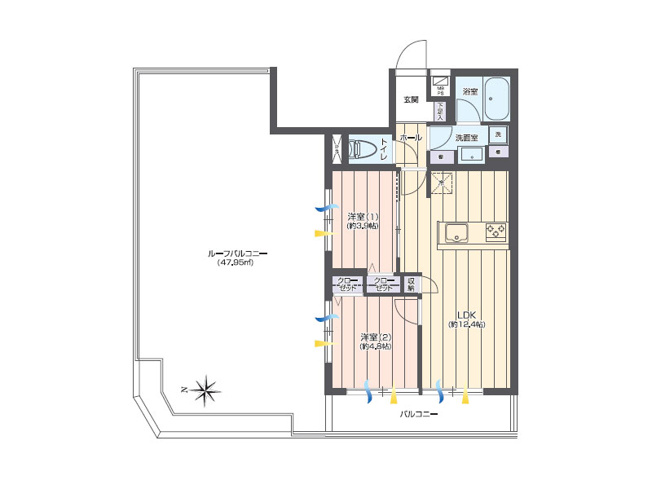 【間取り】 | ライオンズマンション大泉学園　(保谷店) | 最上階×角部屋なので開放感たっぷり。ルーフバルコニーは約47平米の広さがあり、お家グランピングなどの趣味も楽しみやすいです。※図面を基に作成しています。現況と異なる場合は現況を優先いたします。