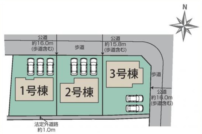 新築　みどり市大間々町大間々2期　2号棟　Blooming Gardenの区画図|全3区画の2号棟です。土地約58坪。