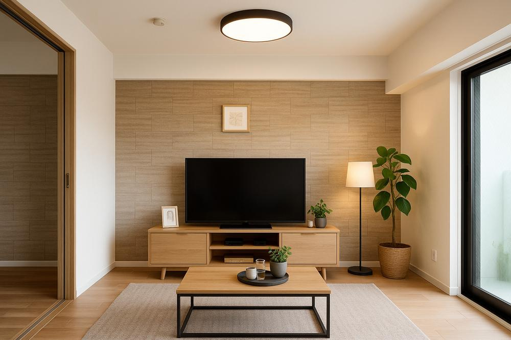 ユニ・アルス洛西プレジオの居間・リビング|家具をゆったり配置できる17.3帖。
＊家具・小物は全てCGによるイメージです