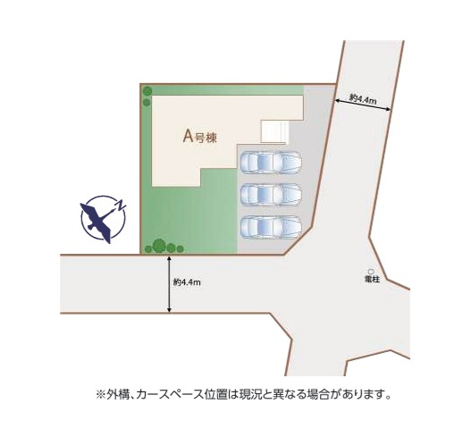 ハートフルタウン 　小美玉市栗又四ケ2432番　Aの区画図|3台並列駐車可能です。内覧、他の物件と合わせての現地ご案内も可能です！HPから、またお電話でも、お気軽にお問い合わせください。