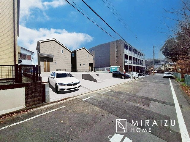 【外観】 | 青く澄み渡った綺麗な空と、陽の光をたっぷりと受ける、そんな新築住宅で新生活をスタートしてみませんか？※実際の写真に外観パースを重ねたCG画像です。