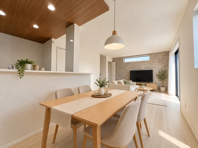 あきる野市引田　新築戸建全8棟の居間・リビング|木目調の天井と石目調のアクセントクロスが調和した、洗練されたLDK！ナチュラルな温かみとモダンな雰囲気が魅力です♪※家具はCGイメージです