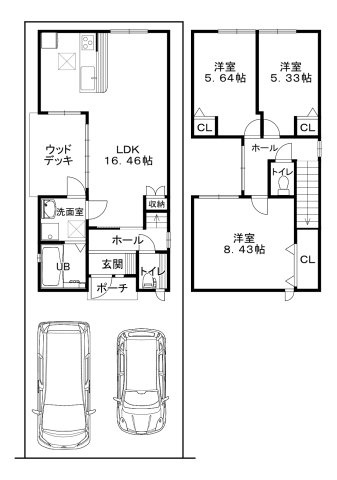 リベール京田辺B棟の間取り|駐車場2台可能　3LDK　テラスあり！