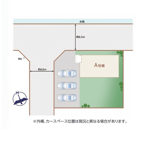 ハートフルタウン 　ひたちなか市相金町13番　Aの区画図|3台並列駐車可能です。内覧、他の物件と合わせての現地ご案内も可能です！HPから、またお電話でも、お気軽にお問い合わせください。