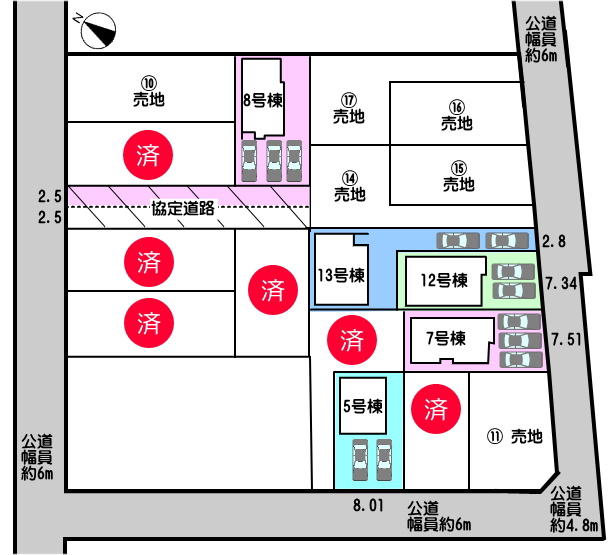 碧南市入船町の区画図|5号棟　並列駐車3台（車種による）
