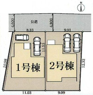 【区画図】 | 伊勢原市上粕屋  2号棟 | 2号棟　北側約4.5ｍ～約4.8ｍ公道　駐車並列2台（車種によります）　敷地面積44.0坪