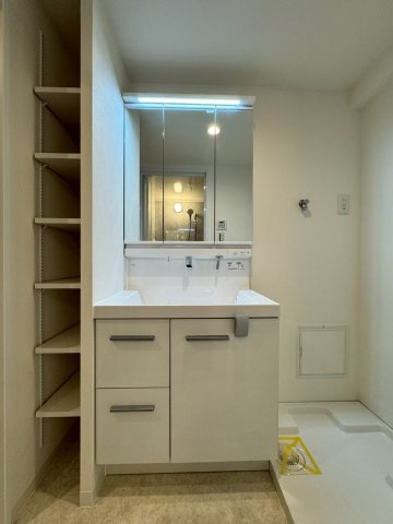 メロディーハイム守口の独立洗面台|三面鏡付きの洗面台で下部収納もあり便利です。