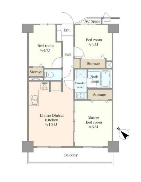 ライオンズステーションプラザ上尾の間取り|ライオンズステーションプラザ上尾、3LDK、専有面積60.07m2、バルコニー面積7.68m2