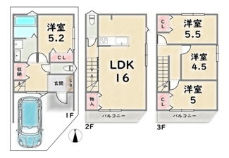 【参考プラン】 | 右京区西院西平町　建築条件なし | 《参考プラン》建物価格：2296万円　延床面積：96.15平米（1F:26.91平米　2F:33.12平米　3F:33.12平米）