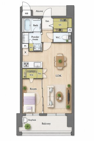 【間取り】 | モントーレ東比恵クレア☆仲介手数料無料☆ | ※本図に表示されている家具・家電・照明・インテリア・観葉植物等は、AIによる配置イメージです。実際には設置されておらず、売買対象にも含まれません。図面と現況が相違する場合は、現況を優先いたします。