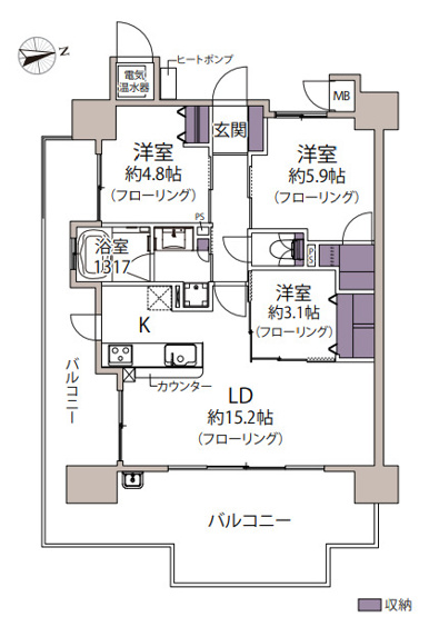 【間取り】 | ヒューマインド美野島並木通り | 10月にリフォーム完成しました。2面バルコニー付きの明るいお部屋で、ペット飼育もご相談いただけます