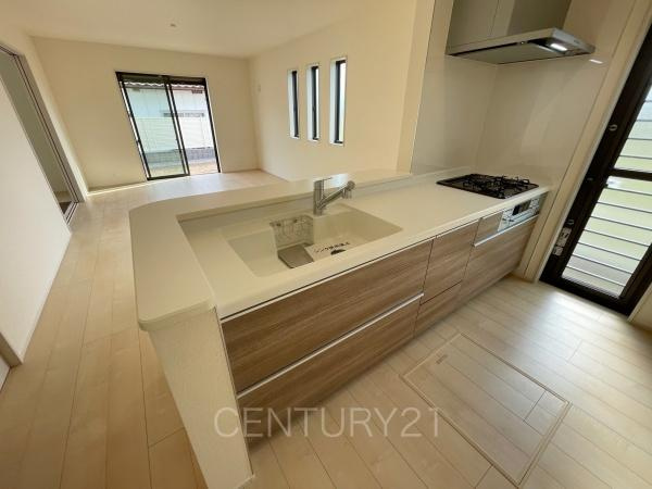 第1前橋小屋原 1号棟のキッチン|シンクも大きく洗い物もしやすい浄水器付。シャワーヘッドは引き出し可能、シンクの隅々まで洗い流せます。