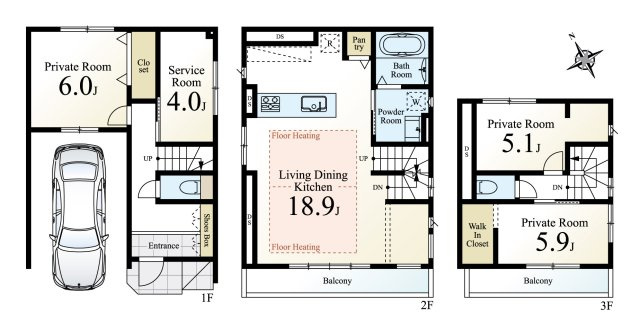 板橋区上板橋2丁目 全4棟 4号棟の間取り|家の中心でもあるLDKは18.9帖の開放感
三面開口の明るく快適な家族団らんスペースです
リビング+水回りを配した生活しやすい間取り
建物面積に車庫部分16.29㎡含む