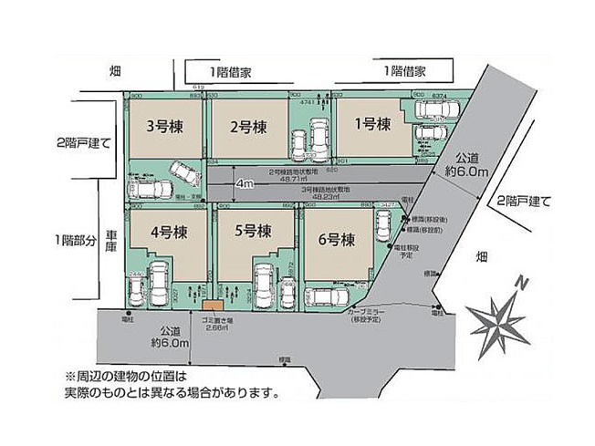 【区画図】 | ふじみ野市川崎2丁目　新築一戸建住宅　全6棟　(ふじみ野店) | 前面道路は6.0mと広々開放的です！
全棟駐車2台可能な為、セカンドカーをお持ちのファミリーにもお勧めです！※車種による。