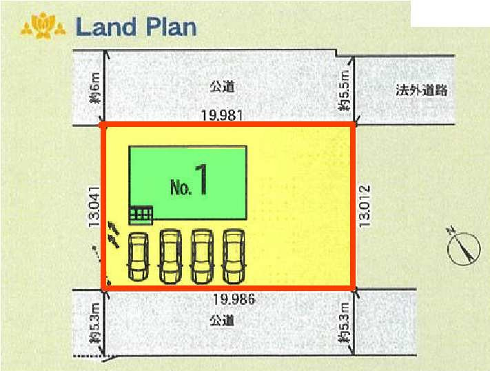 新築　桐生市相生町第18　クレイドルガーデン　1号棟の区画図|1号棟　区画図　南東側接道幅員約6ｍ　北西側接道幅員約5.3ｍ			
	
